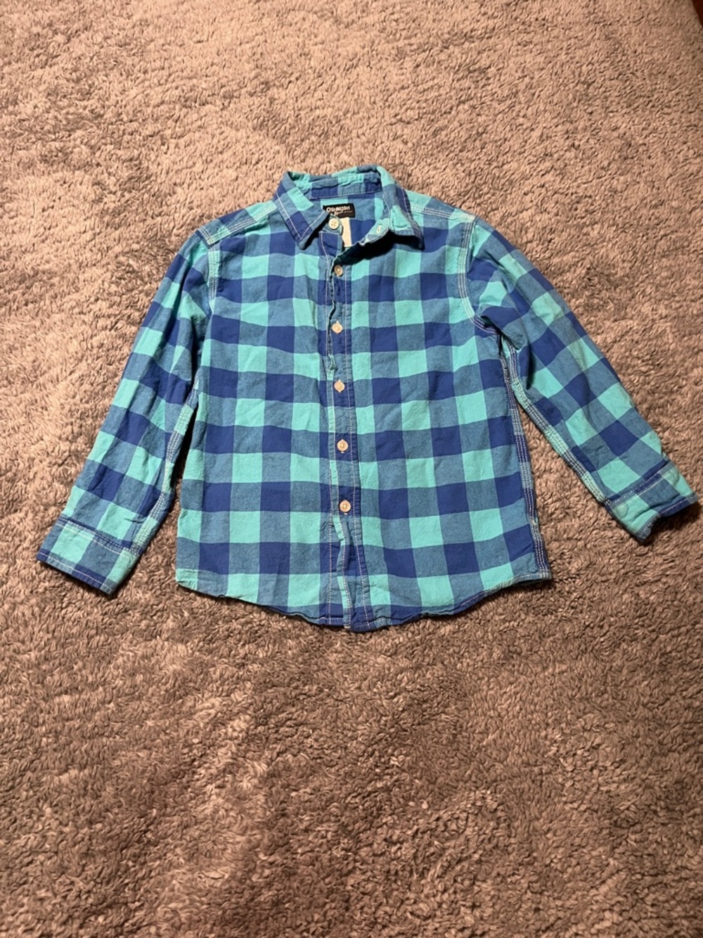 OshKosh B'gosh Blue & Teal Plaid Button-Down Shirt Collared Size 7 Long Sleeve